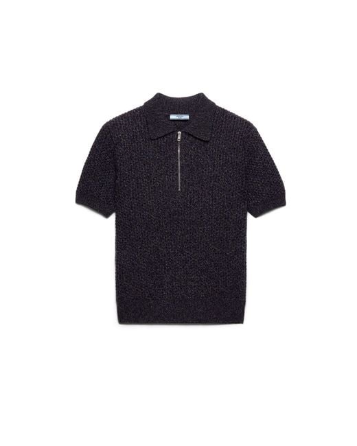 Prada Blue Short-Sleeved Wool And Mouliné Cashmere Polo Sweater, Dark/Slate