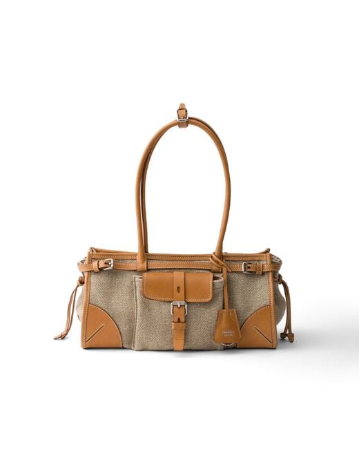 Prada White Bonnie Medium Linen And Leather Handbag