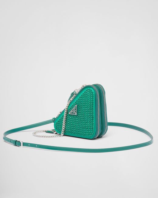 Prada Green Triangular Embellished Satin And Leather Mini-Pouch