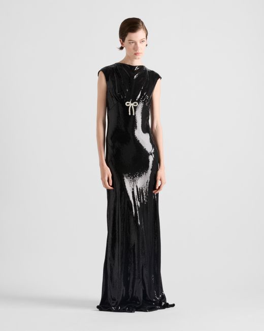 Prada Black Langes Kleid Aus Satin-Jersey Mit Paillettenbesatz
