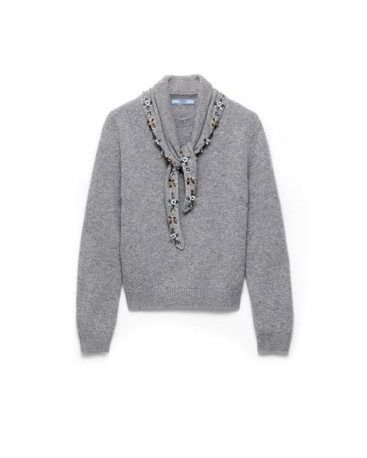 Prada Gray Cashmere Crew-Neck Sweater With Scarf