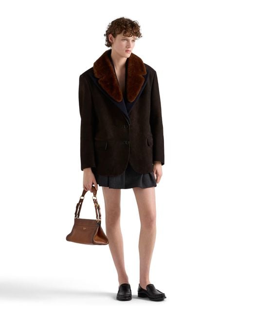 Prada Black Shearling-Trimmed Suede Caban Jacket