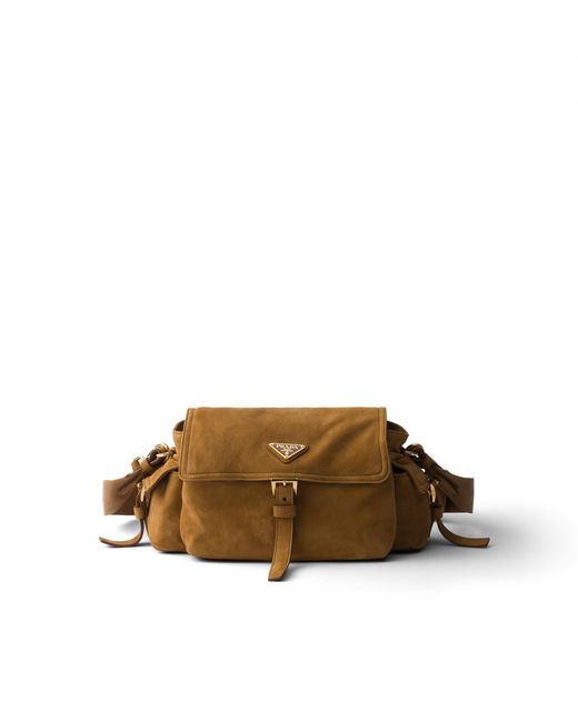 Prada Brown Explore Medium Suede Shoulder Bag With Flap