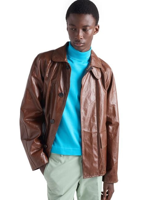 Prada Brown Vintage-Look Leather Blouson Jacket for men