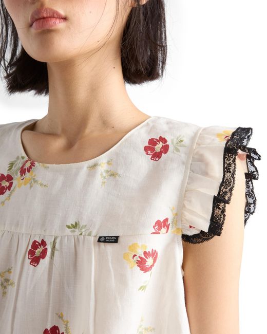 Prada White Linen Top With Floral Motif
