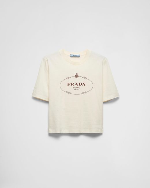 Prada White Bedrucktes T-Shirt Aus Jersey