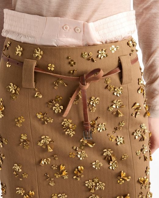 Prada Natural Embroidered Chevron Midi-Skirt