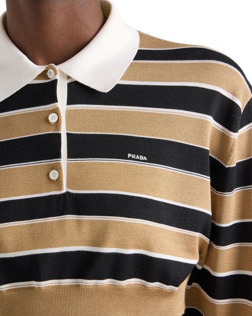 Prada Black Cropped Striped Silk Polo Shirt