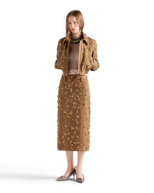 Prada Natural Embroidered Chevron Midi-Skirt