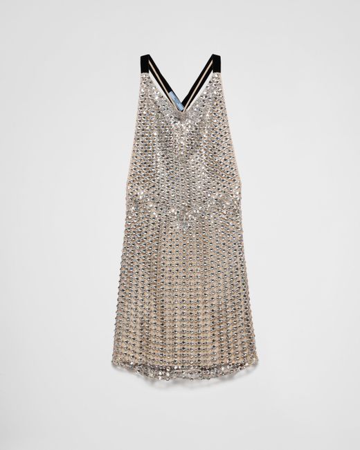Prada Multicolor Rhinestone Net Embroidered Mini-Dress