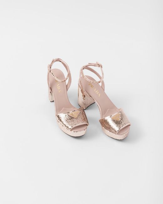 Prada White Sequined Satin Platform Sandals