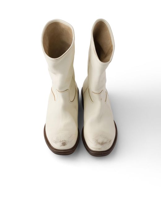 Prada White Vintage-Effect Leather Boots
