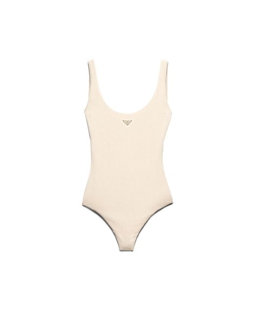 Prada White Jersey One-Piece Swimsuit With Rhinestones
