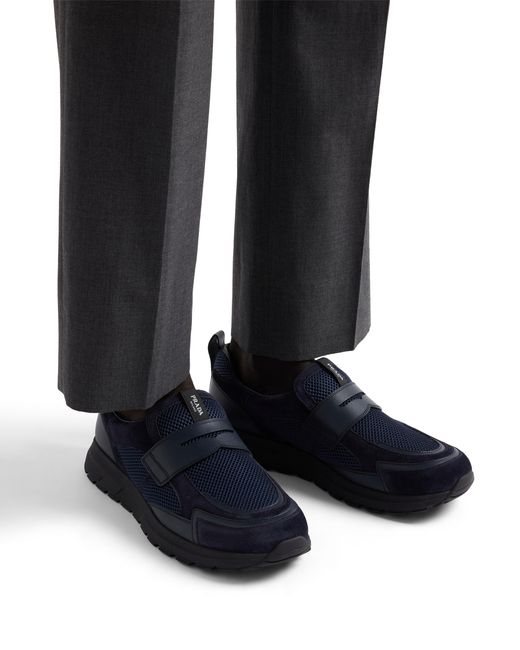 Prada Blue Prax Mesh Fabric And Leather Loafers, Size 5 for men