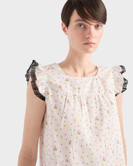 Prada White Floral-Print Cotton Mini Dress