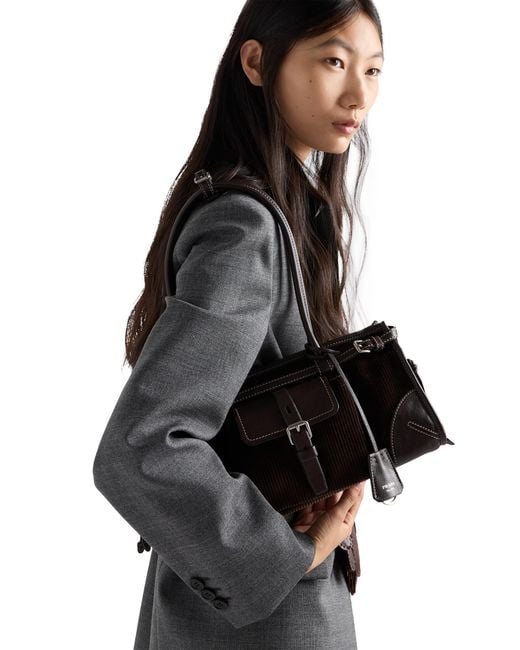 Prada Black Bonnie Medium Corduroy And Leather Handbag