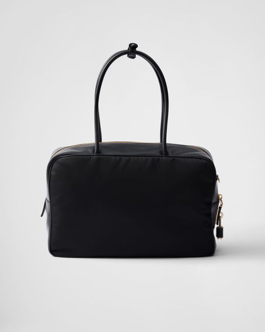 Prada Black Große Henkeltasche Aus Re-Nylon Und Leder Mit Vorhängeschloss