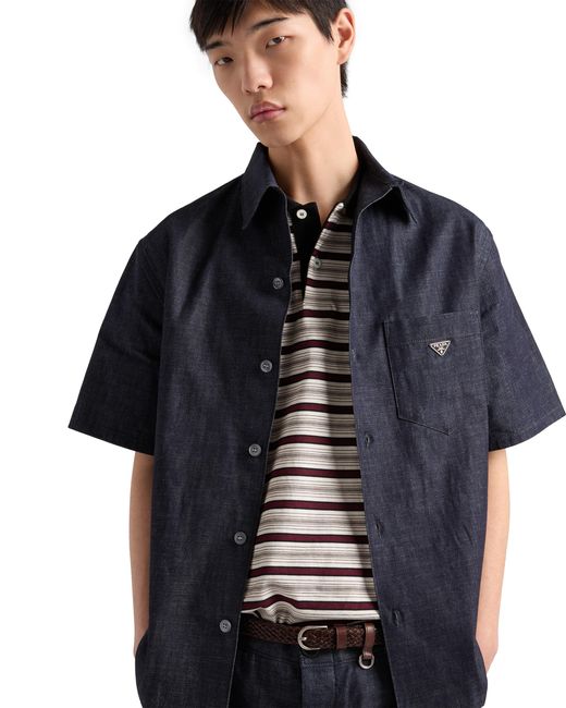 Prada Blue Short-Sleeved Chambray Denim Shirt for men