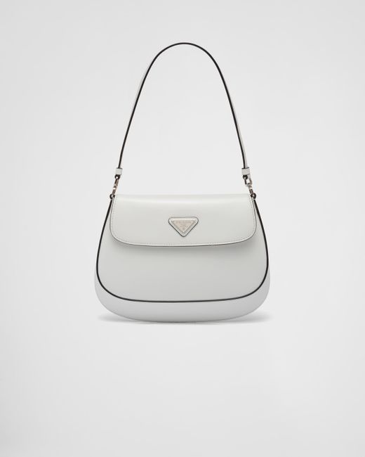 Prada White Cleo Brushed Leather Shoulder Bag With Flap