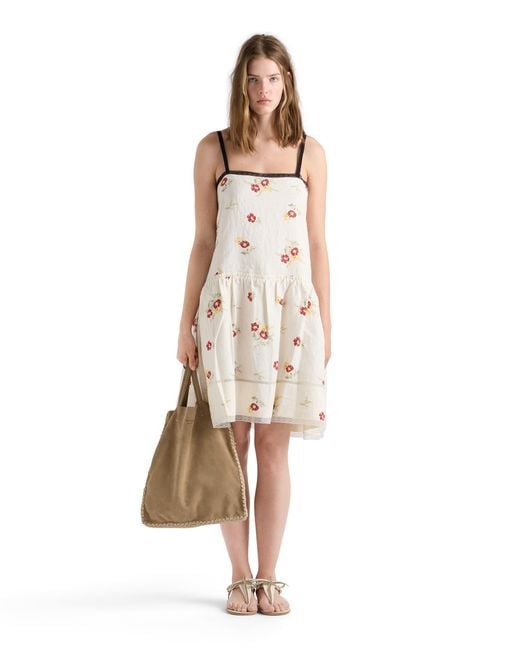 Prada White Embroidered Linen Mini-Dress With Floral Motif, Ruby