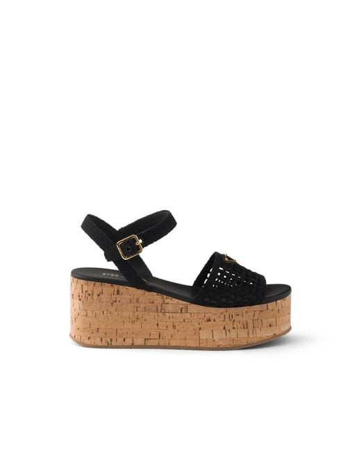 Prada Black Crochet Wedge Platform Sandals, Size 36