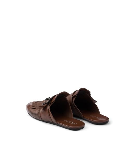 Prada Brown Shuffle Antiqued Leather Mules With Buckled Strap And Fringe for men