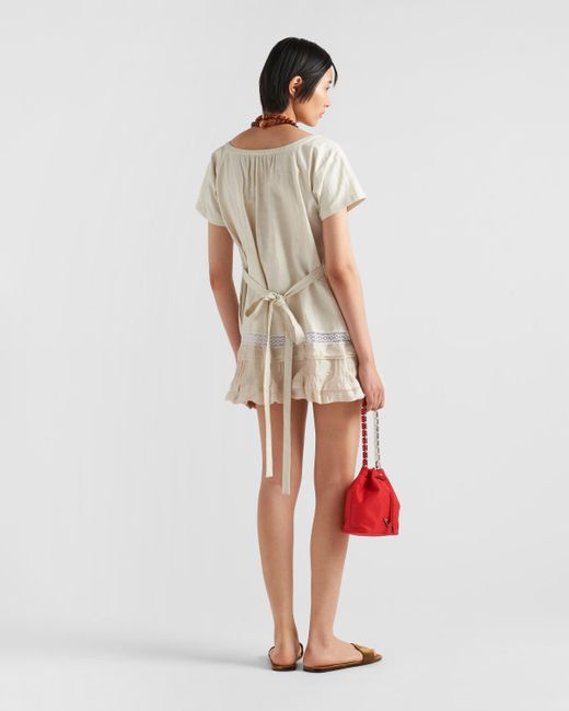 Prada Natural Embroidered Antiqued Silk And Linen Mini-Dress