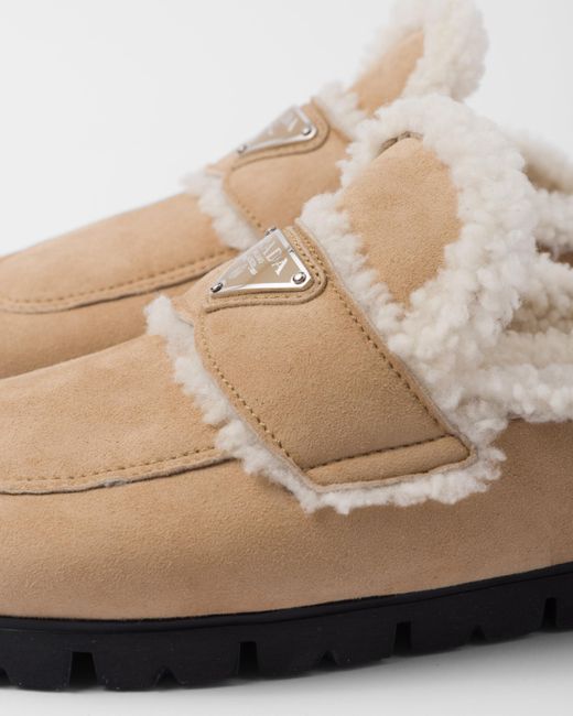 Prada White Shearling-lined Suede Backless Loafers