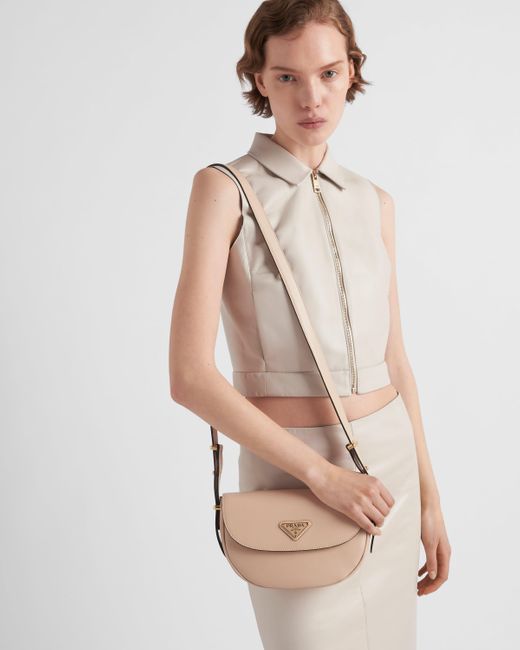 Prada White Arqué Leather Shoulder Bag With Flap