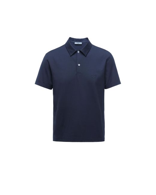 Prada Blue Stretch Cotton Polo Shirt With Embroidered Logo for men