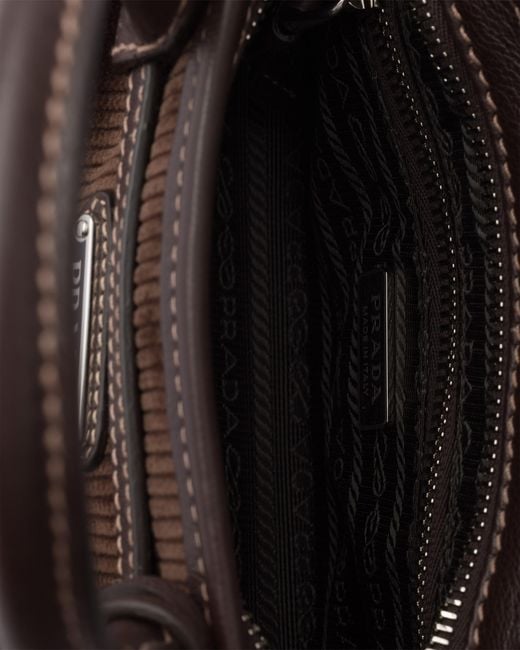 Prada Black Bonnie Small Corduroy And Leather Handbag, Ebony