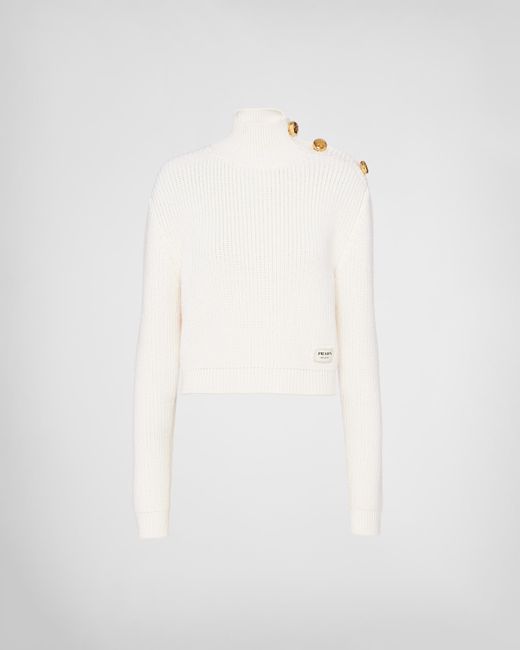Prada White High-neck Logo-appliqué Wool Knitted Jumper