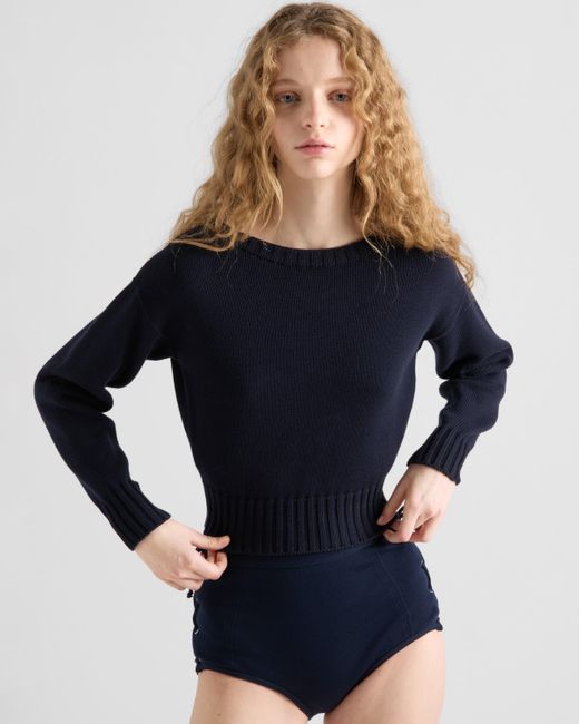 Prada Blue Pullover Aus Baumwolle Mit U-Boot-Ausschnitt