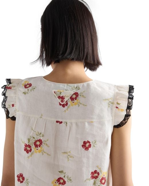 Prada White Linen Top With Floral Motif