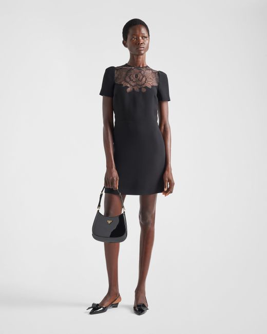 Prada Black Cady And Lace Mini-dress