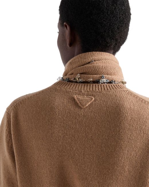 Prada Brown Short-Sleeved Cashmere Sweater With Scarf, Camel