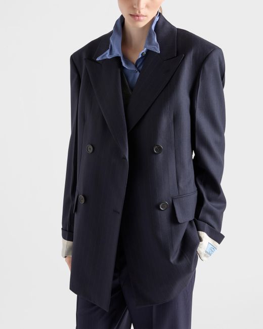 Prada Blue Double-Breasted Pinstriped Wool Jacket
