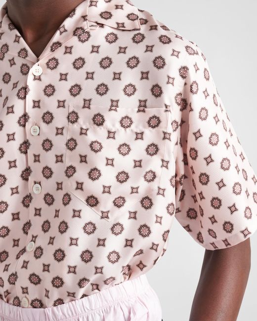 Prada White Short-Sleeved Printed Silk Shirt for men