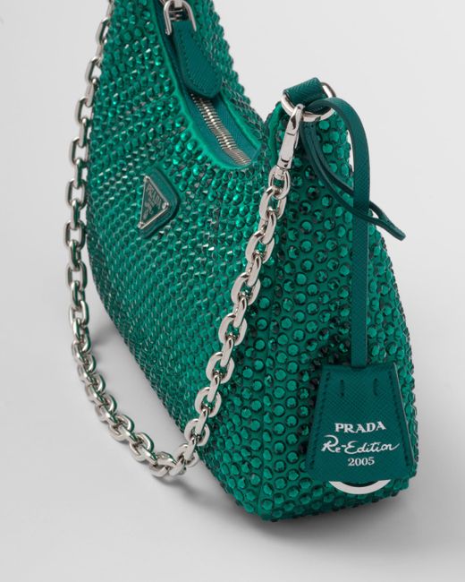 Prada Green Re-Edition 2005 Satin Bag With Crystals