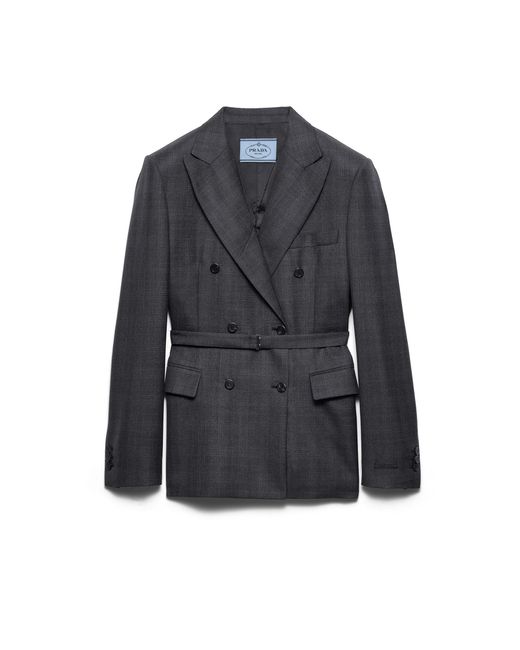 Prada Blue Double-Breasted Checked Wool Jacket