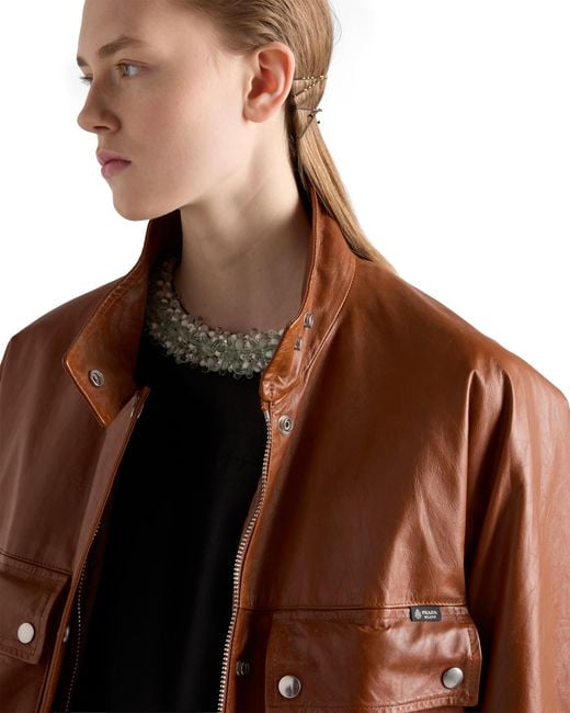 Prada Brown Antiqued Leather Caban Jacket, Brandy