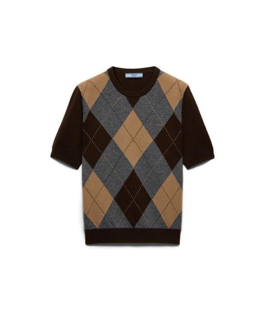 Prada Black Short-Sleeved Argyle Cashmere Sweater, Dark/Slate
