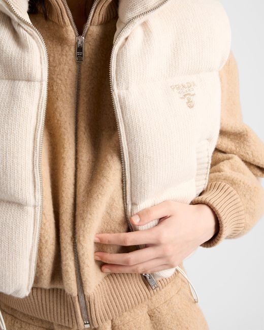 Prada Natural Embroidered Logo Wool-Cashmere Down Vest