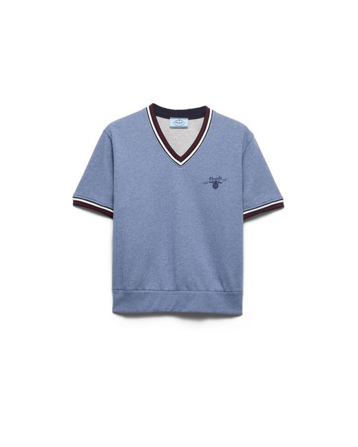 Prada Blue Cotton Fleece V-Neck Sweatshirt
