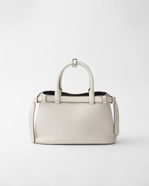 Prada White Kleine Buckle Handtasche Aus Leder Mit Doppeltem Gürtel