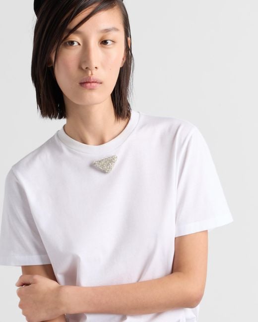 Prada White Jersey T-Shirt With Embroidered Triangle