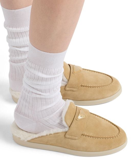 Prada White Suede And Shearling Slippers
