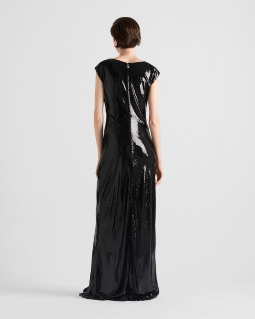 Prada Black Langes Kleid Aus Satin-Jersey Mit Paillettenbesatz