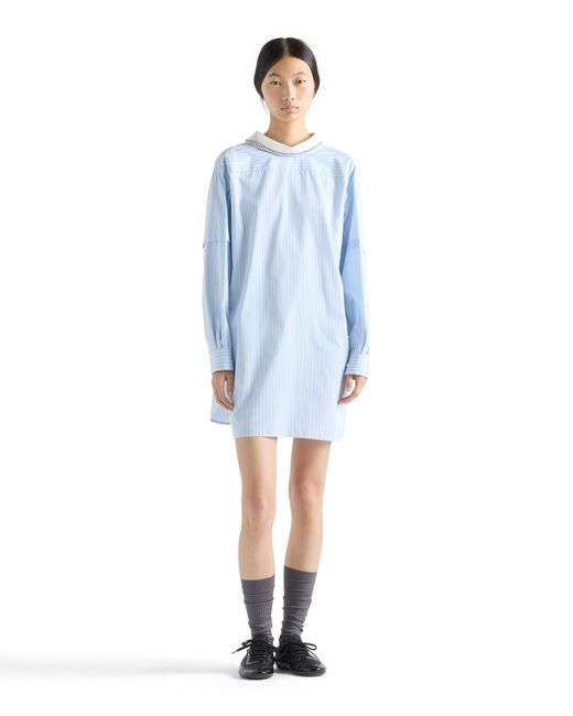 Prada Blue Embroidered Striped Poplin Top