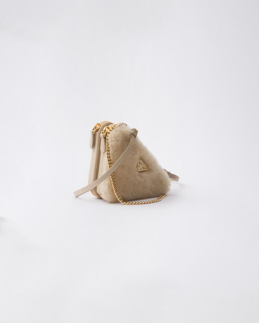 Prada White Triangular Shearling And Saffiano Leather Mini-pouch